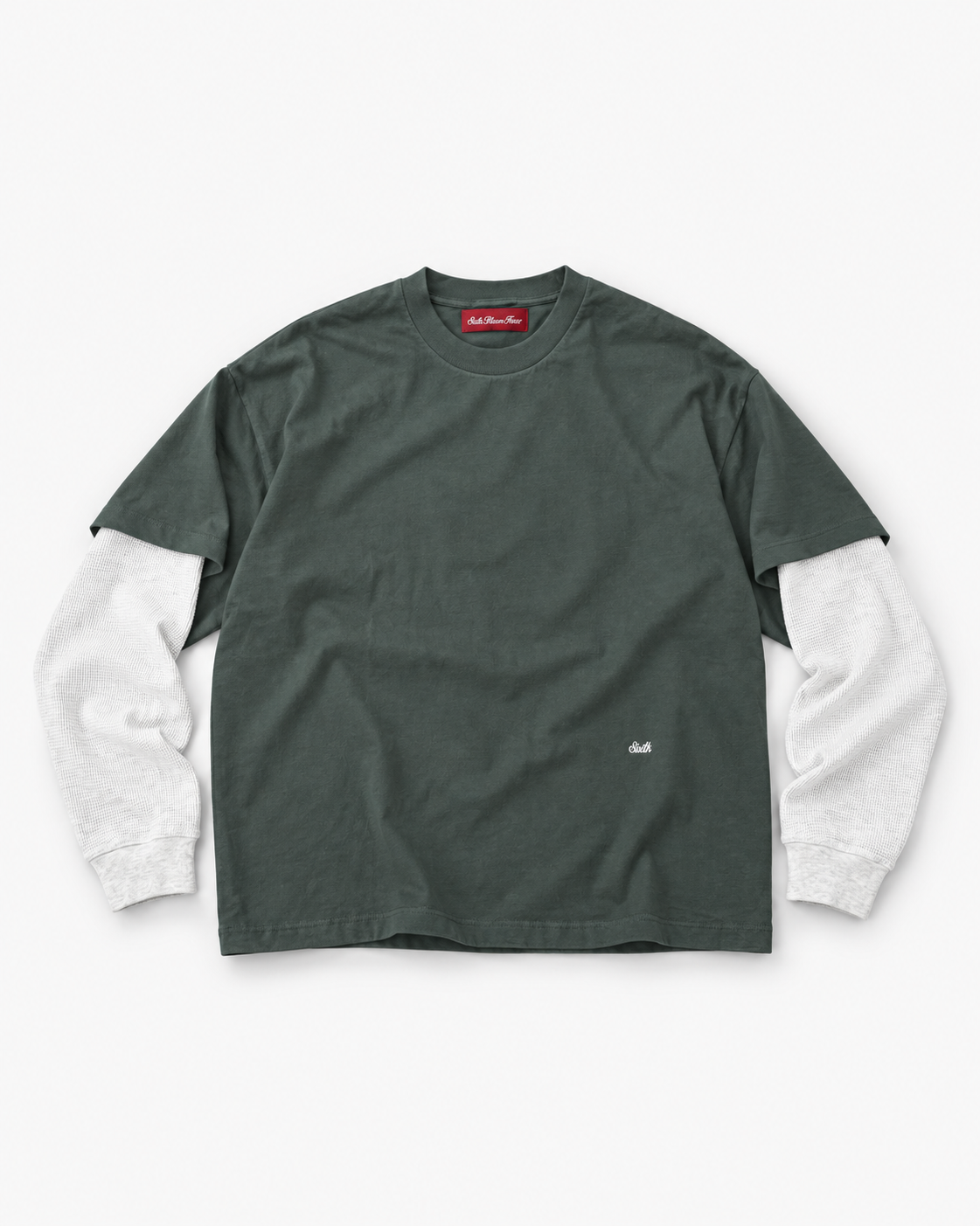 Sixth Bloom House Layered Waffle Green – layered longsleeve with grey marl waffle sleeves
