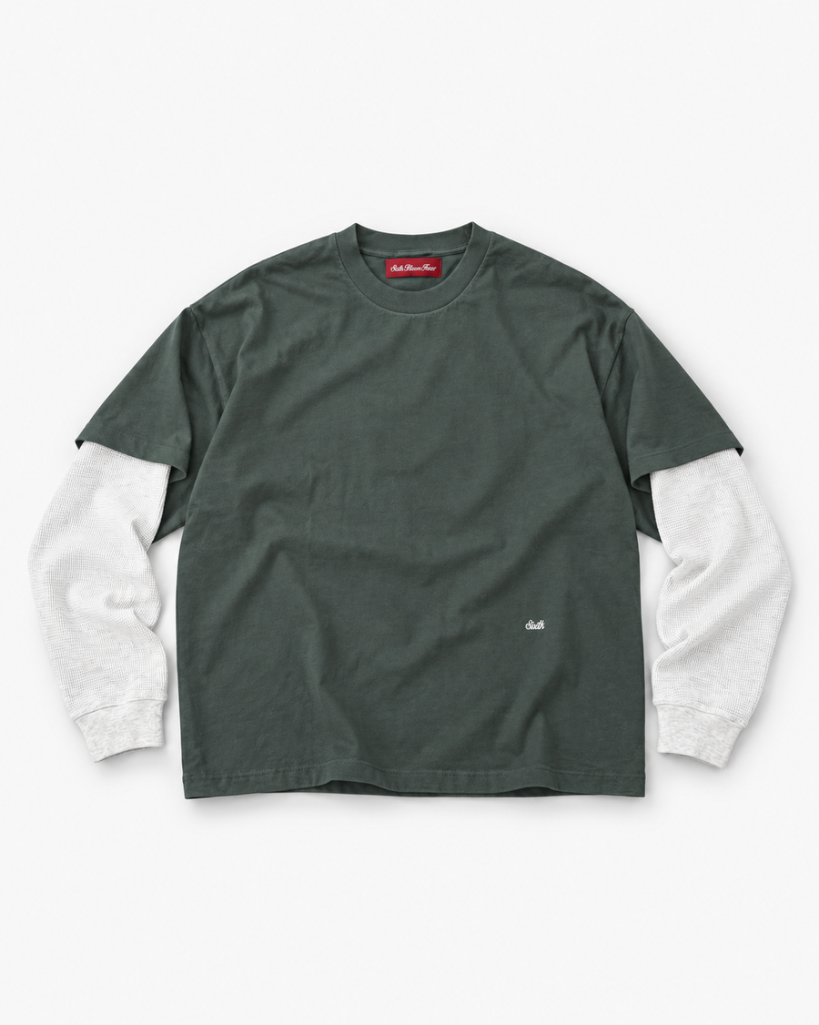 Sixth Bloom House Layered Waffle Green – layered longsleeve with grey marl waffle sleeves