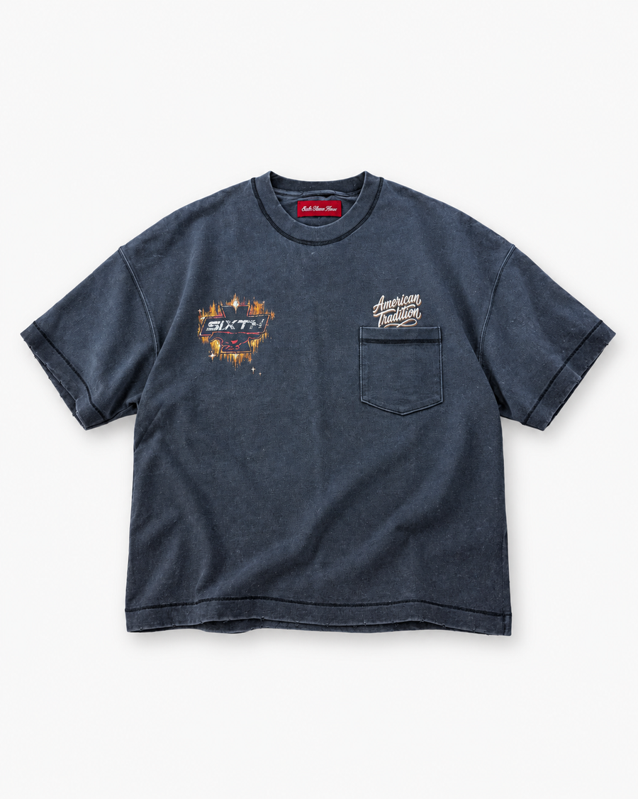 Sixth Bloom House Pocket Flame Cross Tee Black – chest pocket with flame cross emblem