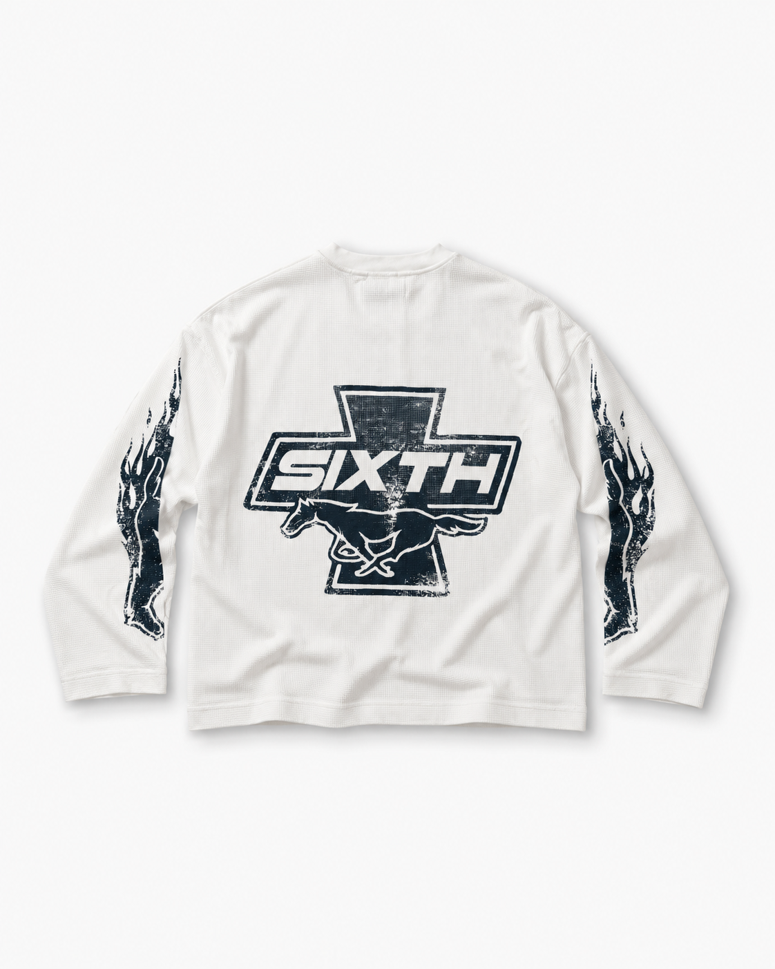 Sixth Bloom House Cross Waffle Off-White – waffle crewneck with blue cross back graphic