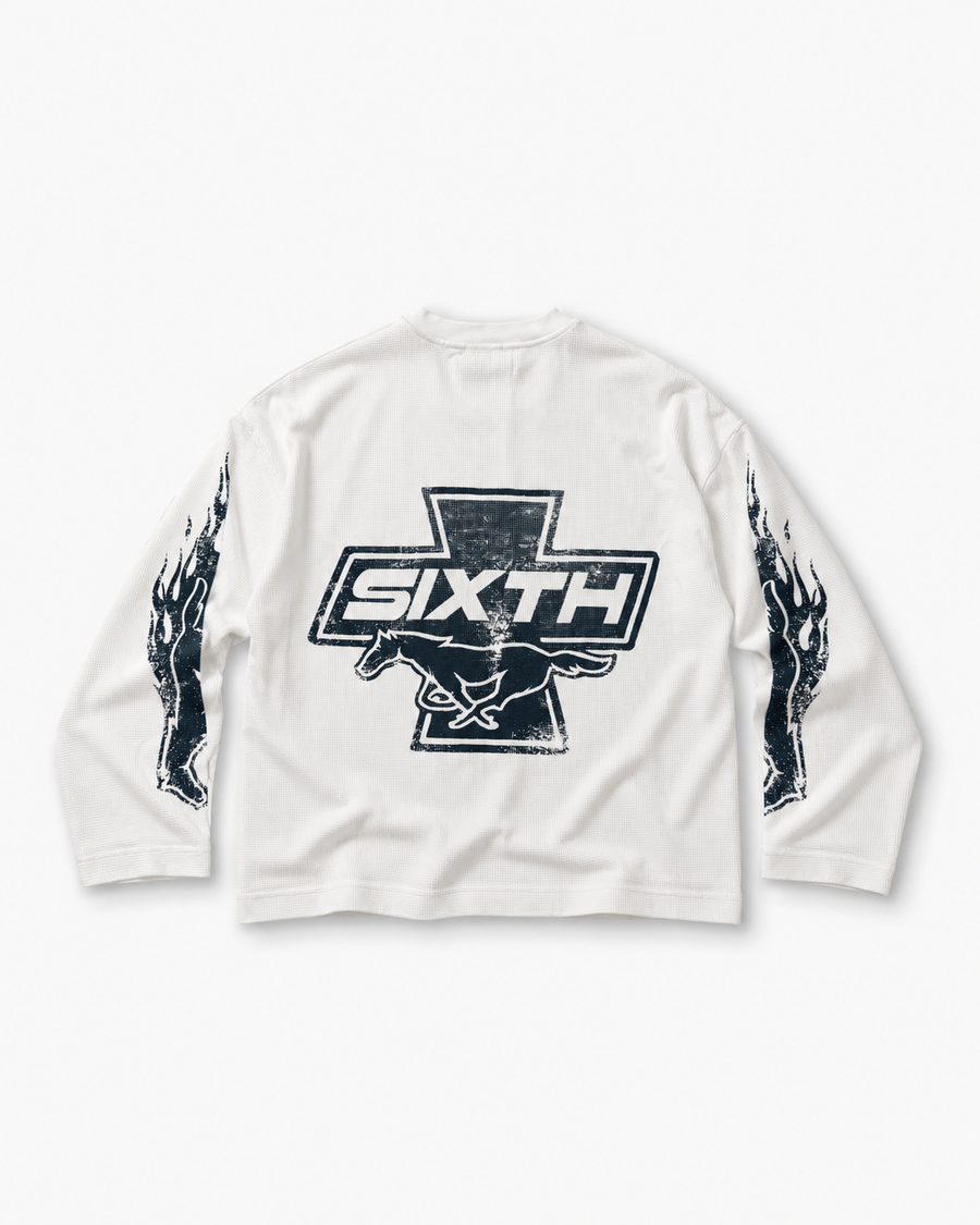 Sixth Bloom House Cross Waffle Off-White – waffle crewneck with blue cross back graphic