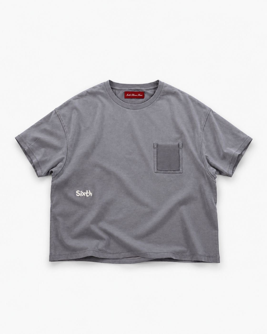 Sixth Bloom House Spray Pocket Tee Grey – spray-faded tee with ghost pocket mark