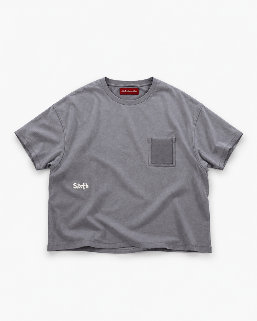 Sixth Bloom House Spray Pocket Tee Grey – spray-faded tee with ghost pocket mark