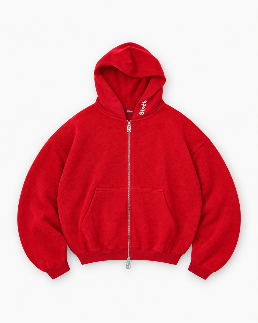 Sixth Bloom House Coachella Zip Through Red – inside-out 518gsm fleece zip hoodie