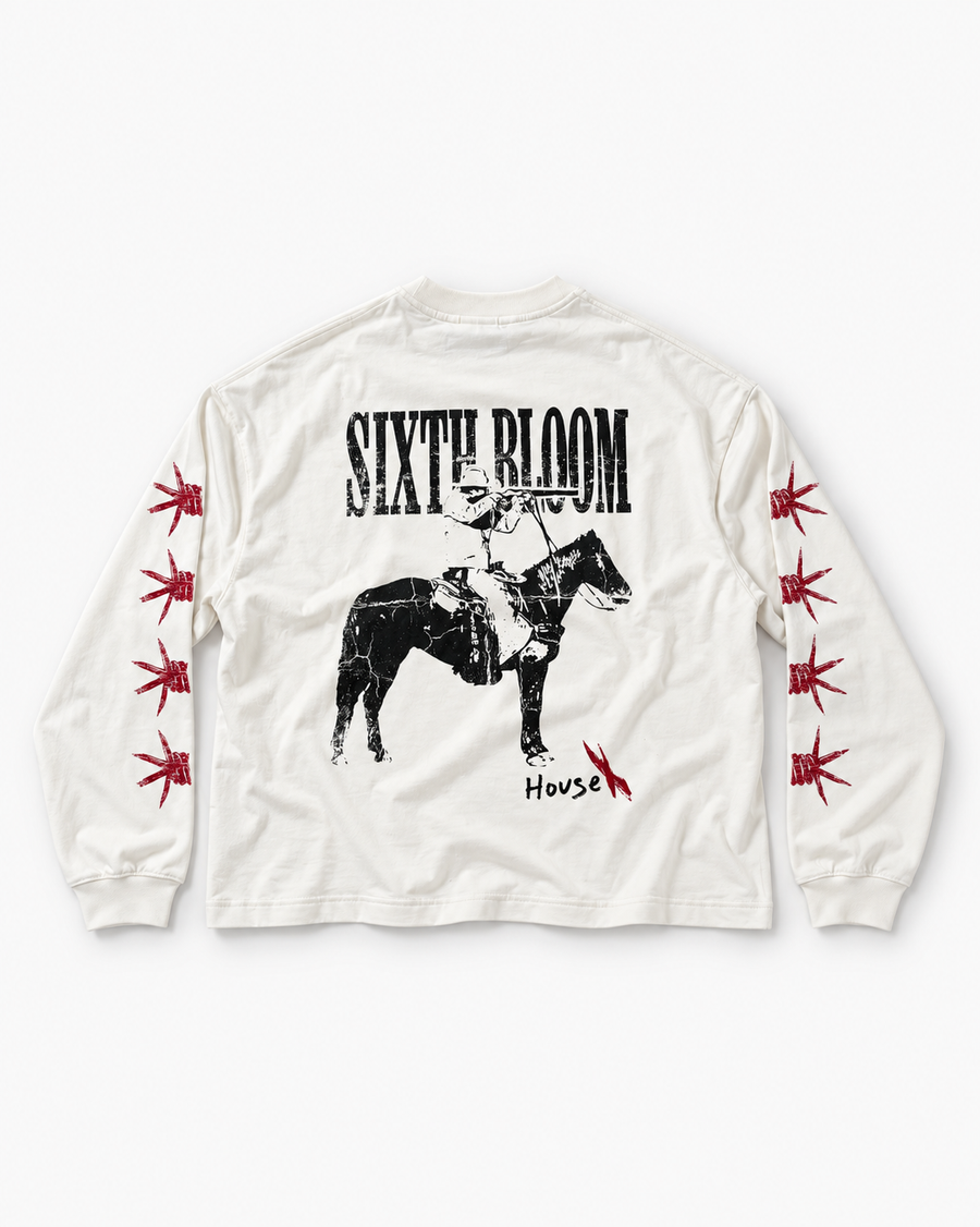 Sixth Bloom House Barbwire Longsleeve Off-White – horse and rider front graphic