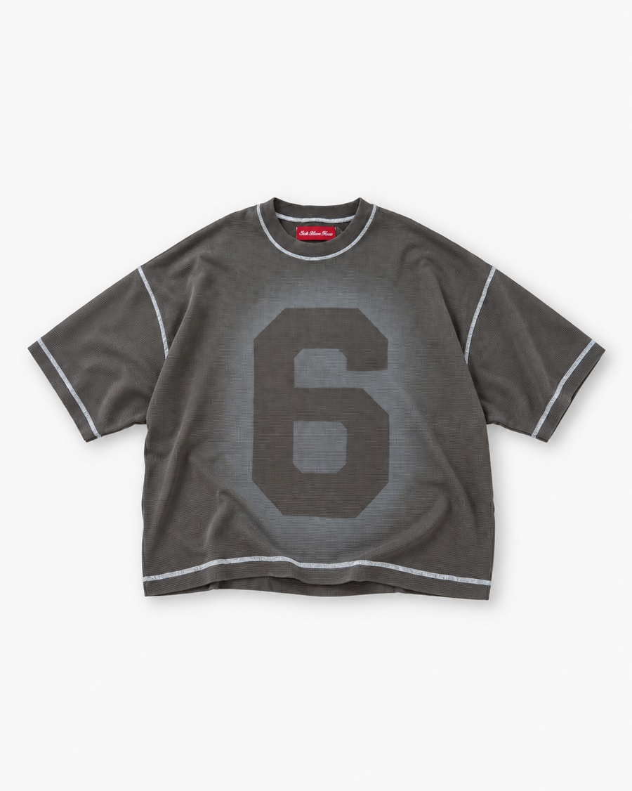 Sixth Bloom House Spray Waffle Tee Charcoal – spray-faded waffle tee with tonal 6 graphic