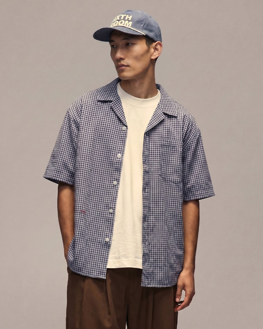 Sixth Bloom House Dark Blue Check Short Sleeve Shirt worn by model