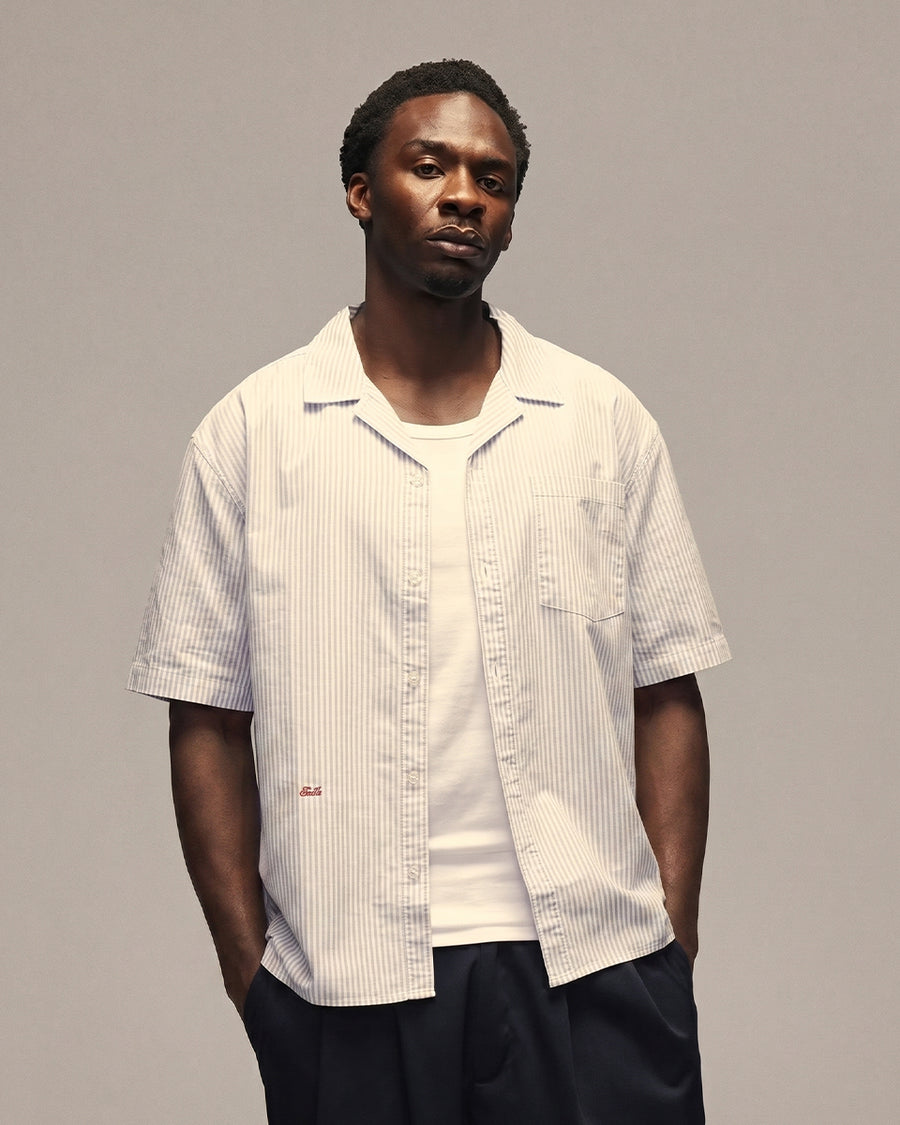 Sixth Bloom House Blue Oxford Stripe Short Sleeve shirt worn by model