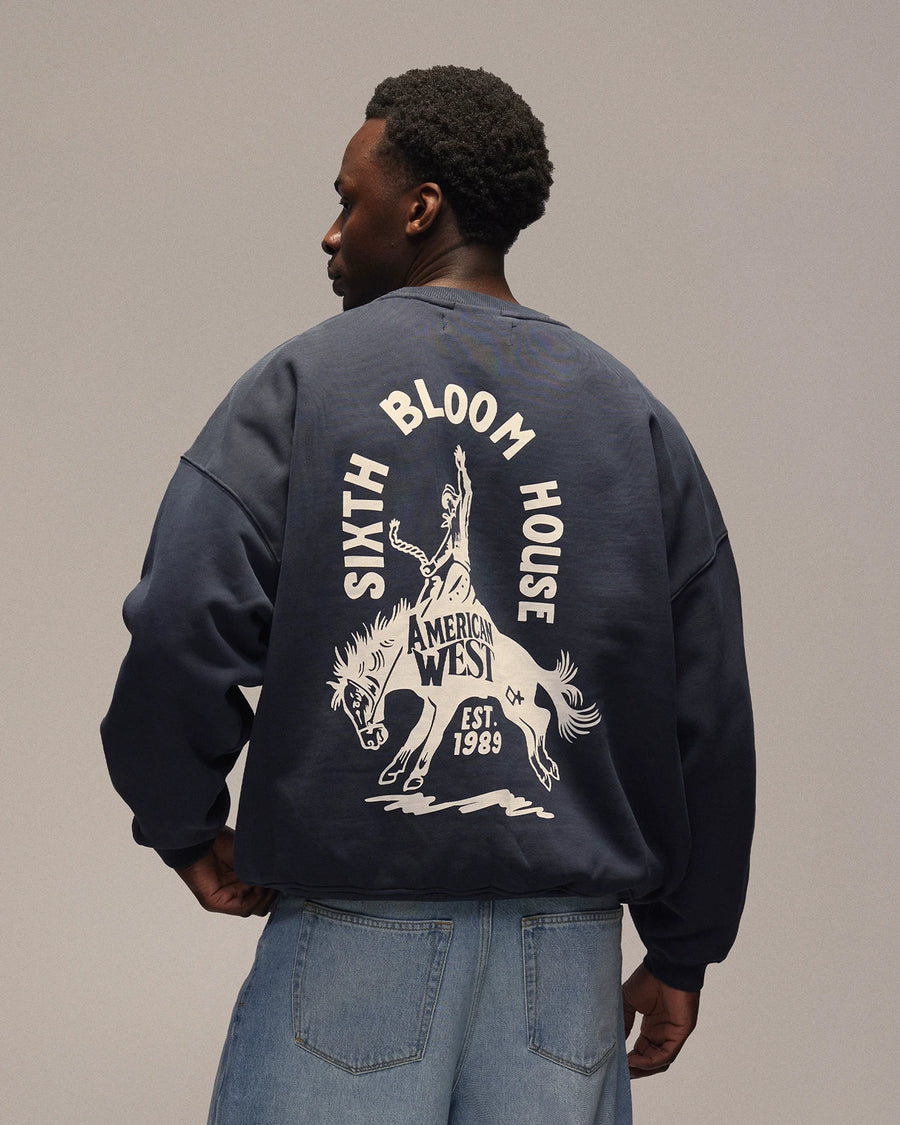Sixth Bloom House Cowboy Crewneck Navy worn by model