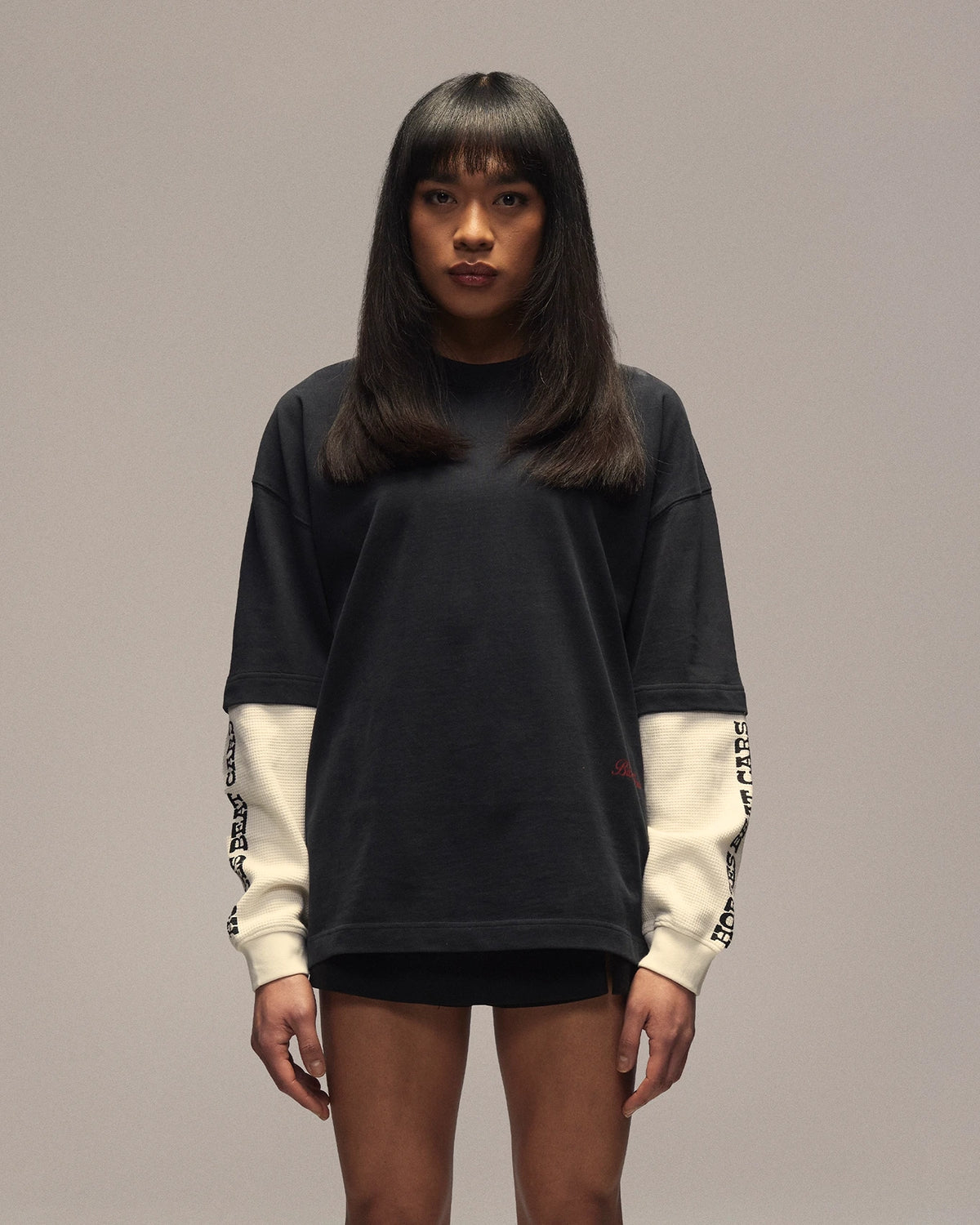 Sixth Bloom House Horse Layered Longsleeve Black – front view, worn by woman
