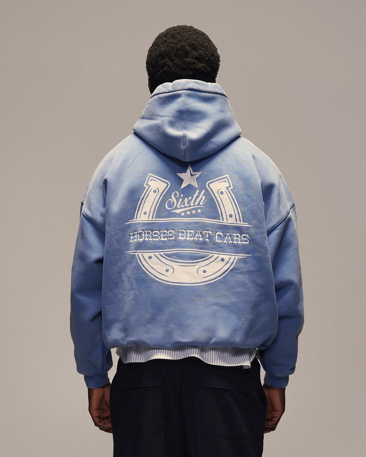 Sixth Bloom House Horseshoe Hoodie Blue worn by model