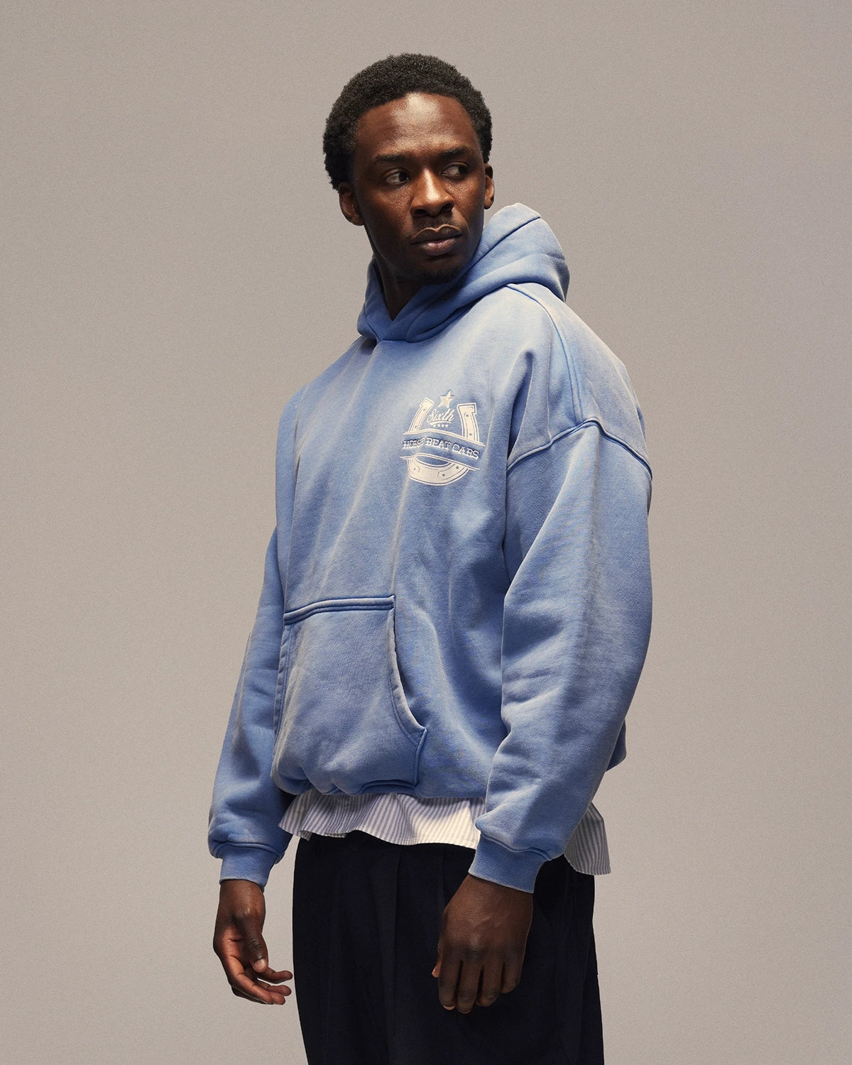 Sixth Bloom House Horseshoe Hoodie Blue worn by model