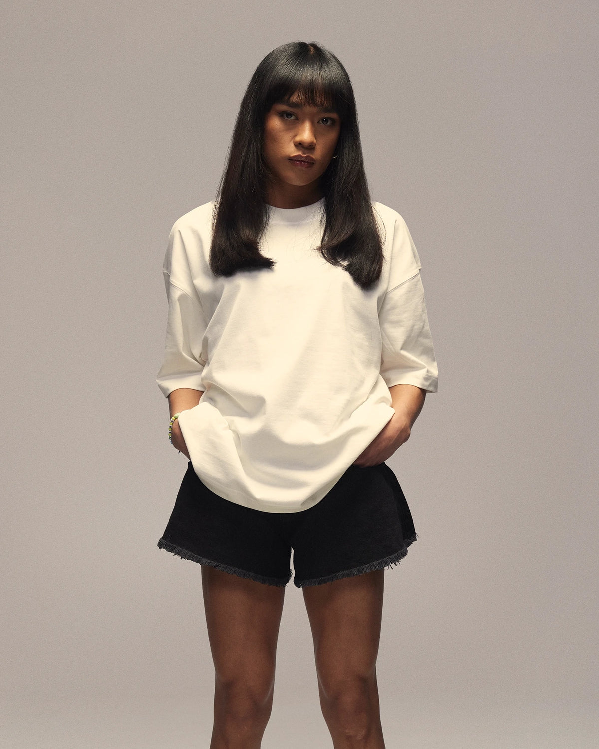 Sixth Bloom House Logo Blank T-Shirt White worn by model, front view