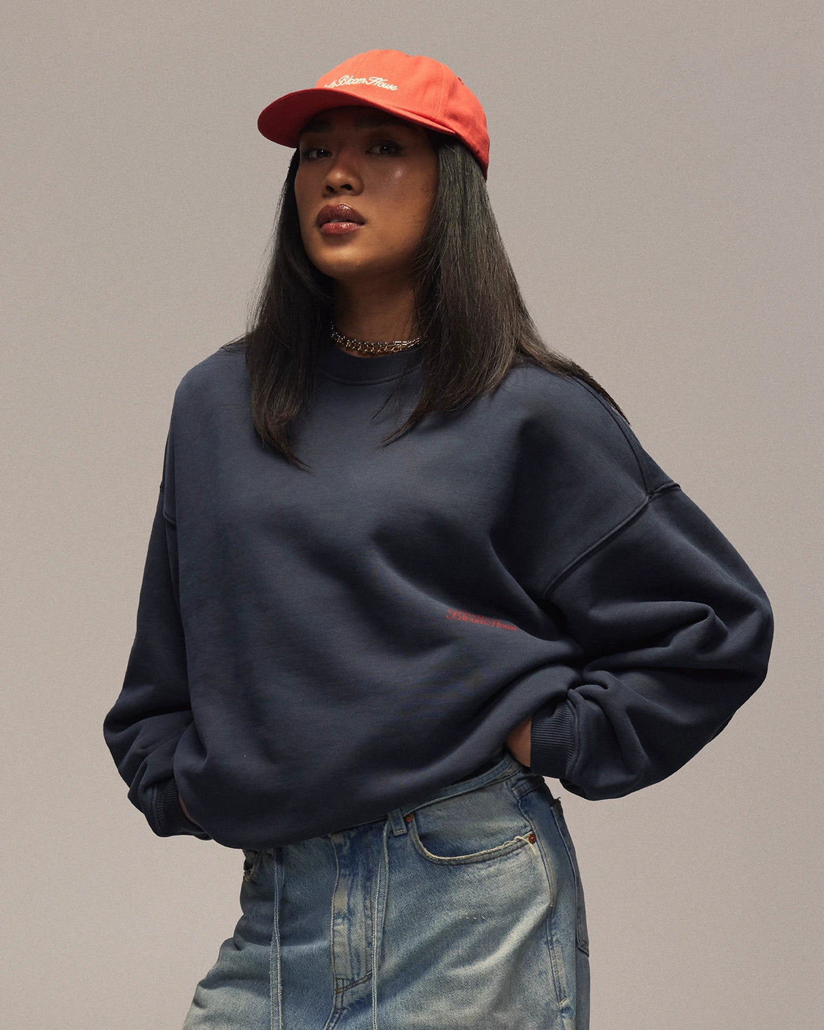 Sixth Bloom House Logo Crewneck Navy – front view 3