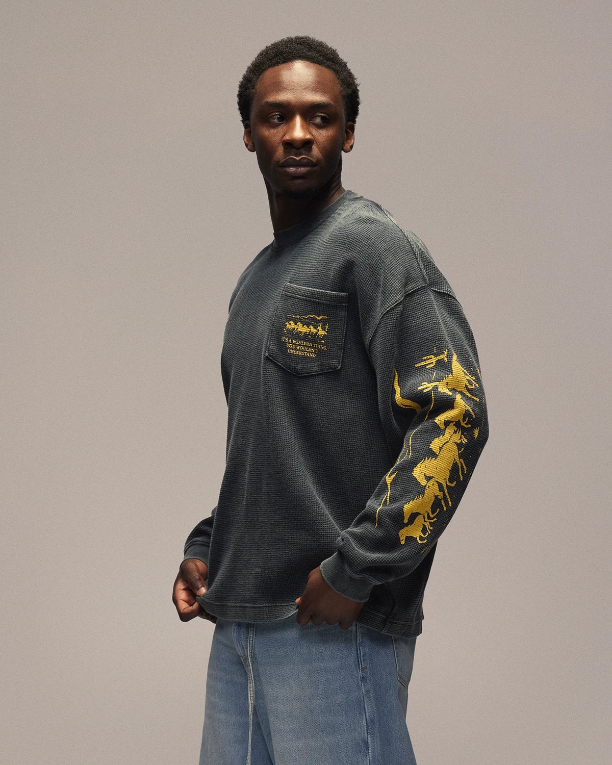 Sixth Bloom House Pocket Waffle Longsleeve Black – side view