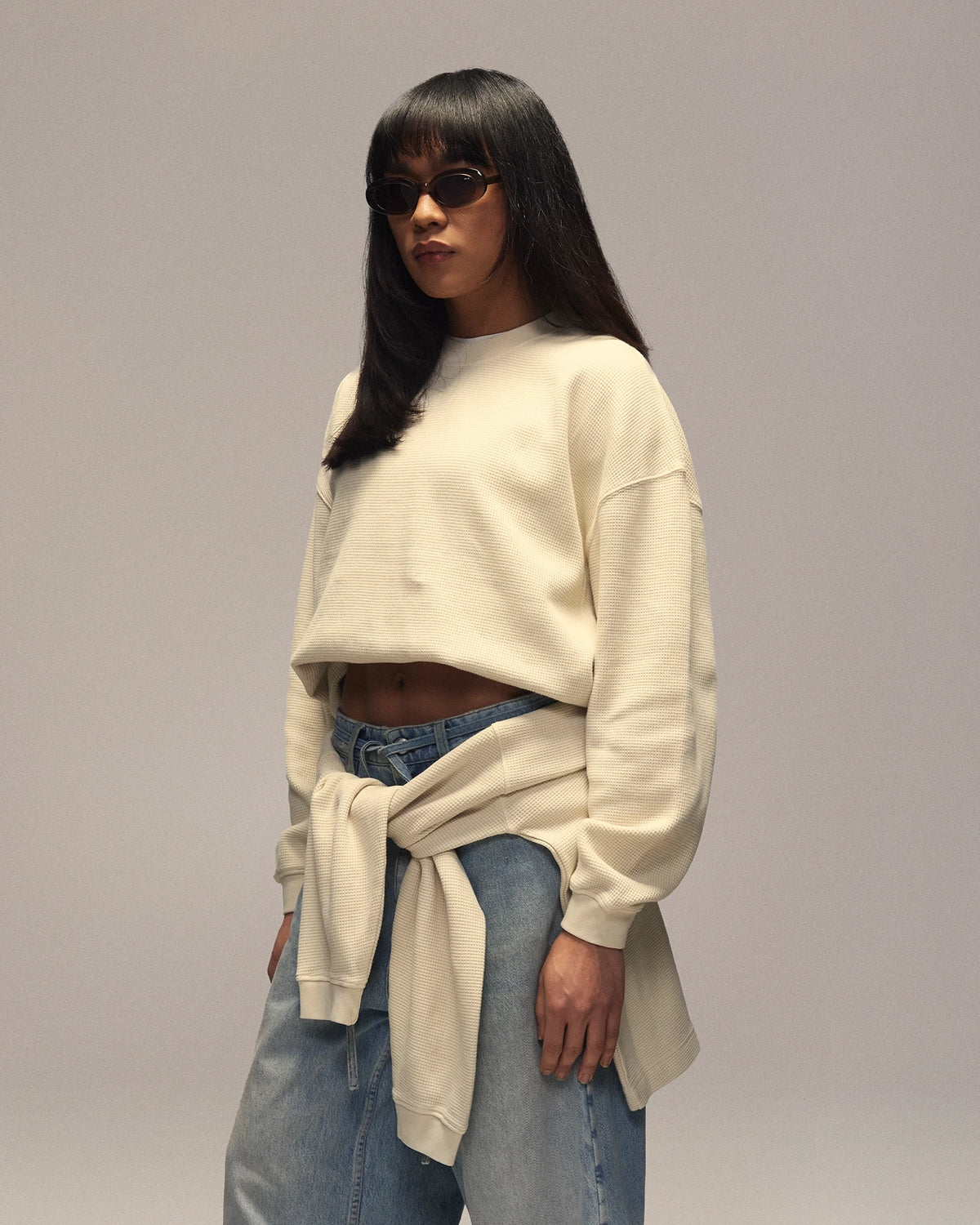 Sixth Bloom House Waffle Blank Longsleeve Off-White – side view, worn by woman