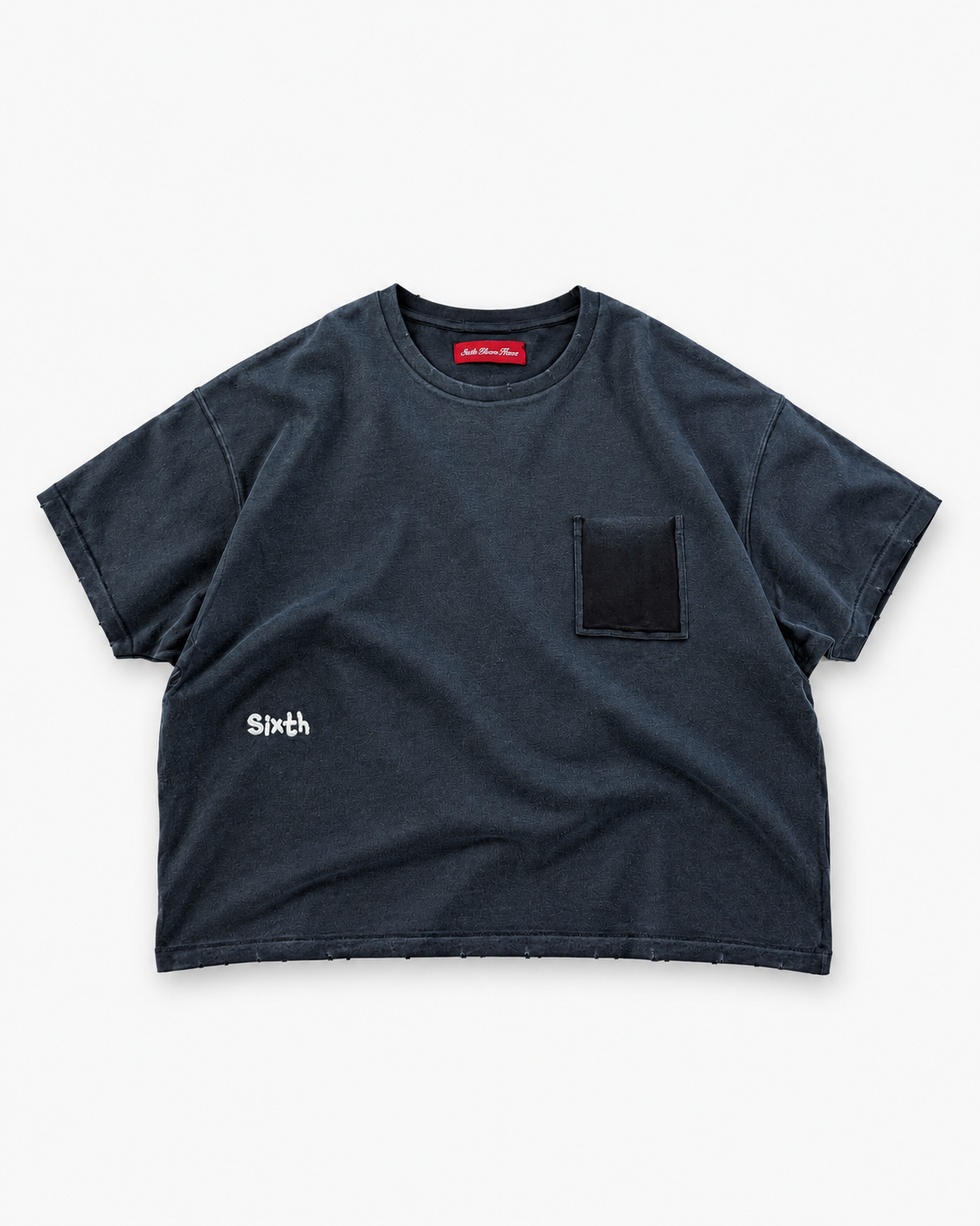 Sixth Bloom House Spray Pocket Tee Black – spray-faded tee with ghost pocket mark