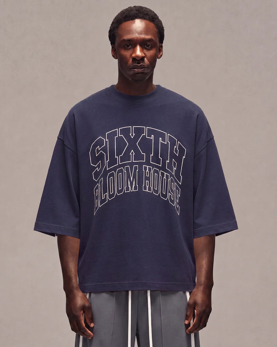 Sixth Bloom House College Outline T-Shirt Navy worn by model