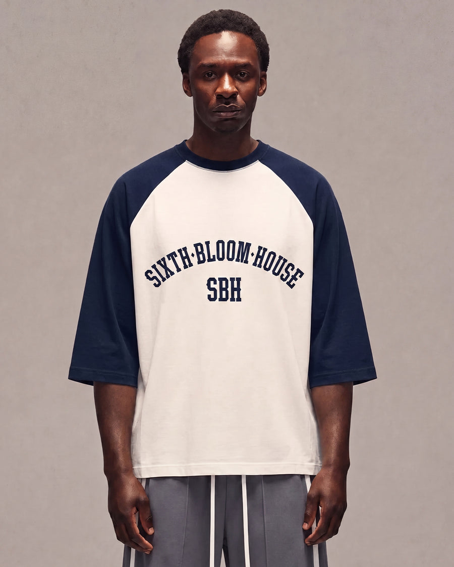 Sixth Bloom House Raglan T-Shirt Navy worn by model
